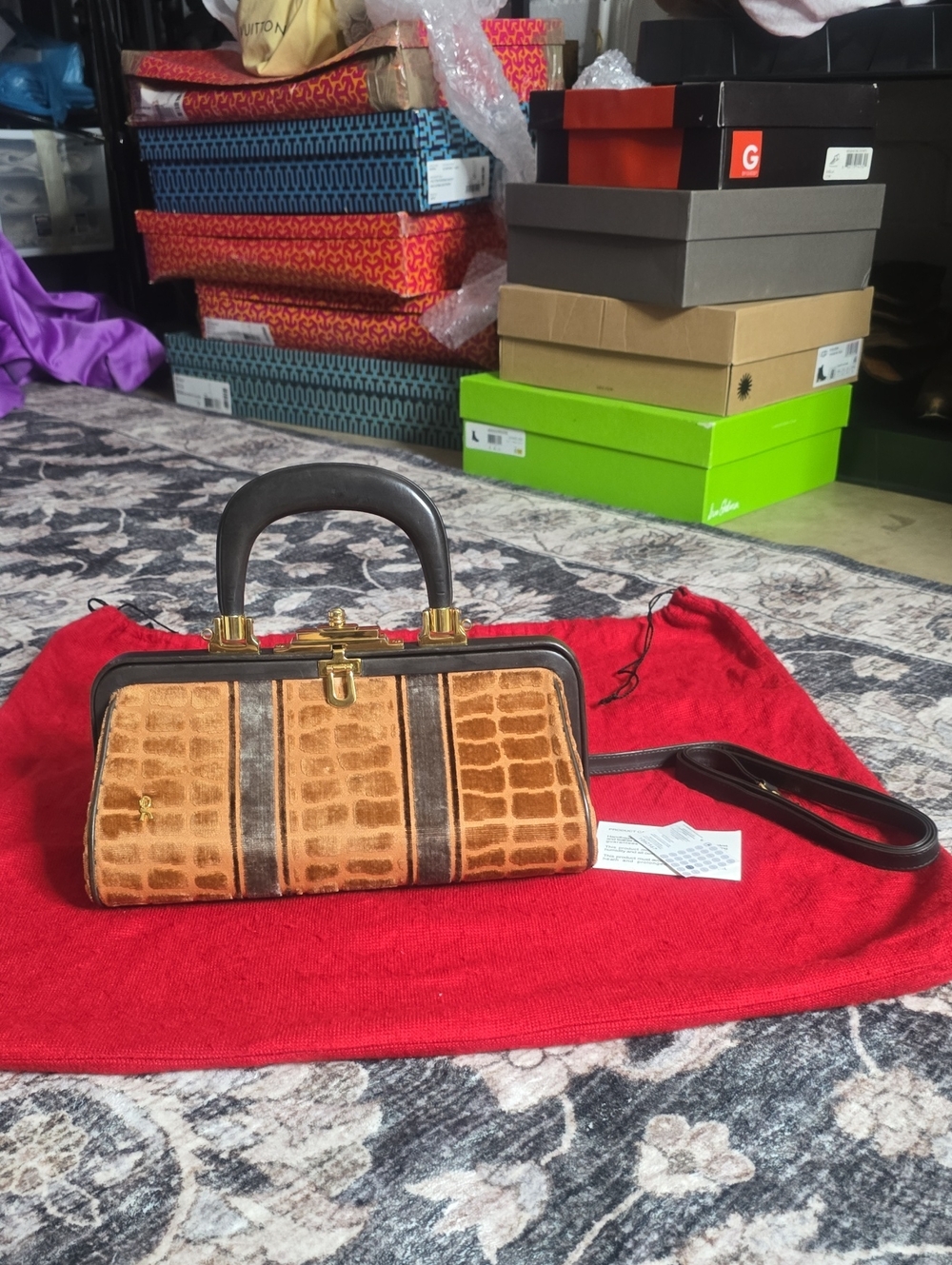 Vintage Croc-Embossed Roberta di Camerino Top-Handle Bag in Tan and Dark Brown.